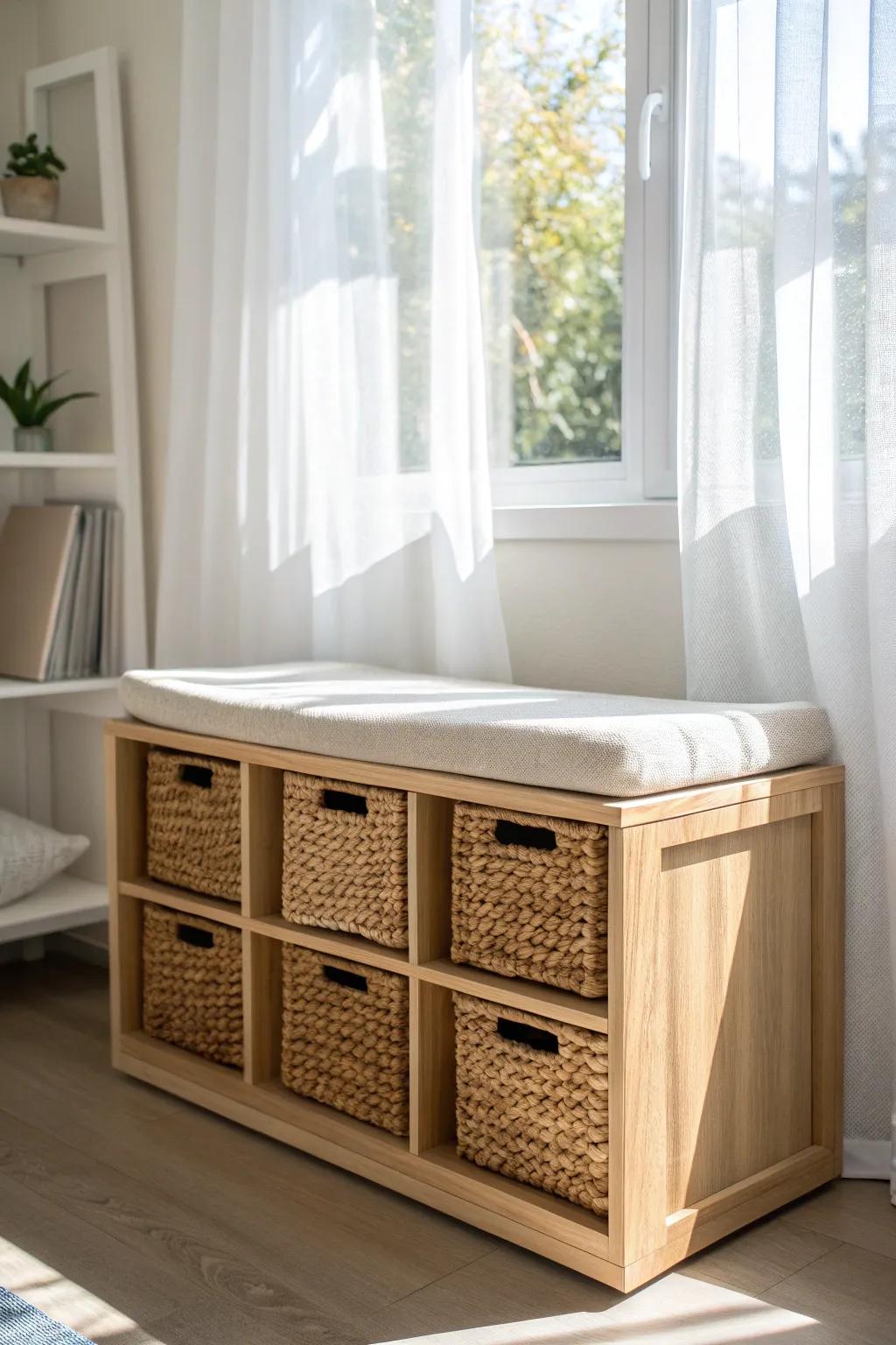 A cozy under-window cube bench with baskets and a linen cushion—perfect for story time.