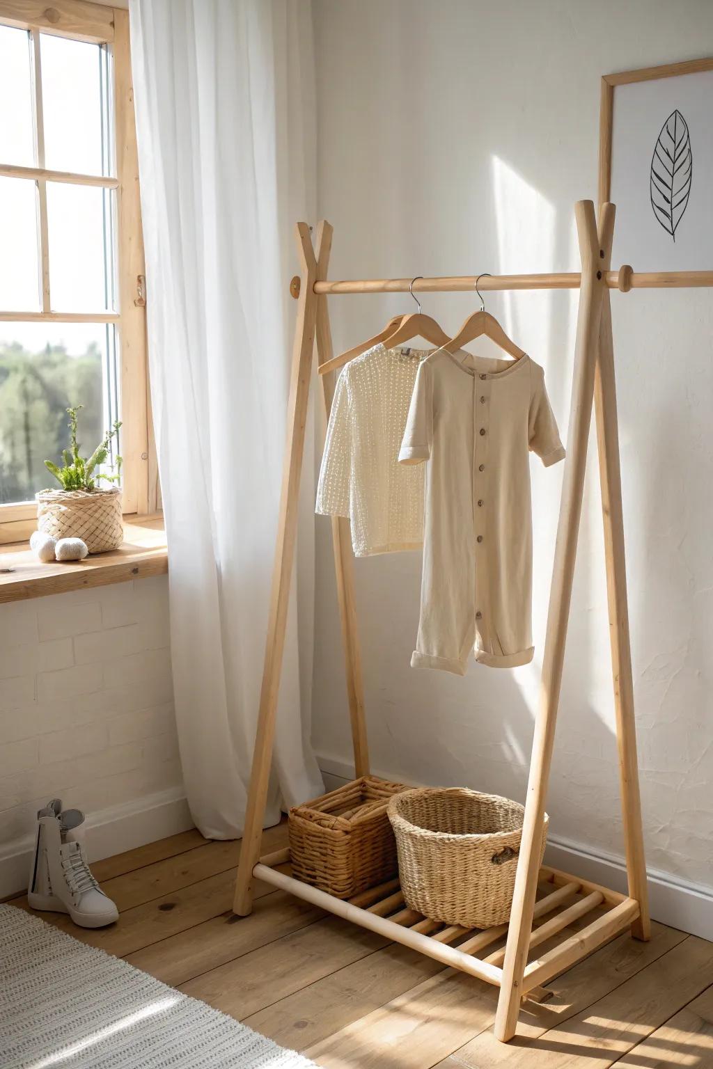 A simple wooden standing rack turns tomorrow’s baby outfit into nursery decor.