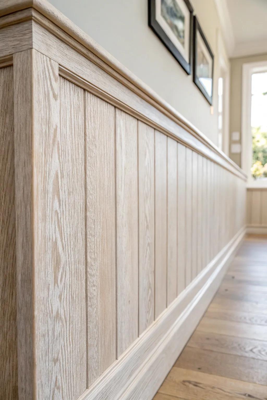 Whitewashed oak wainscoting: airy, beachy grain with a soft wipe-back finish.