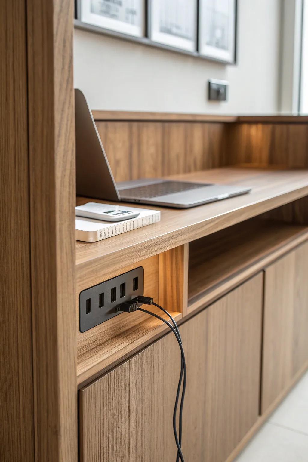 Hidden cable channel in a wood desk wall—clean lines, calm cabin style, zero cord clutter.