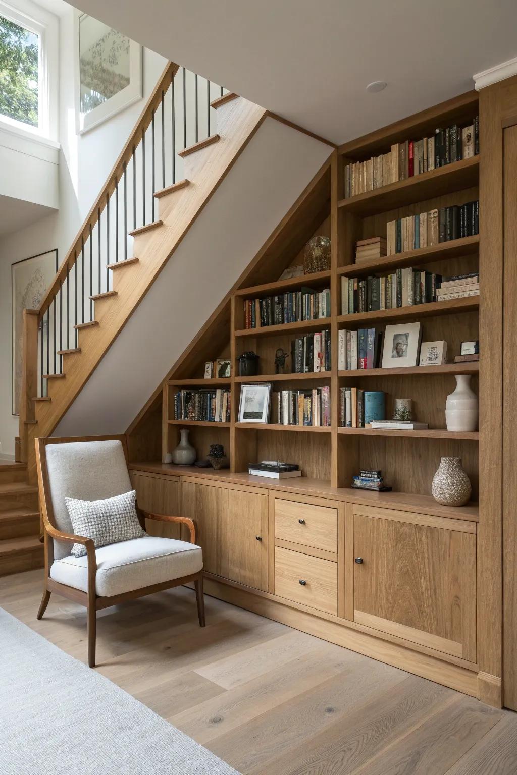 Under-stairs office library wall: stepped shelves and hidden drawers for a calm, custom workspace.