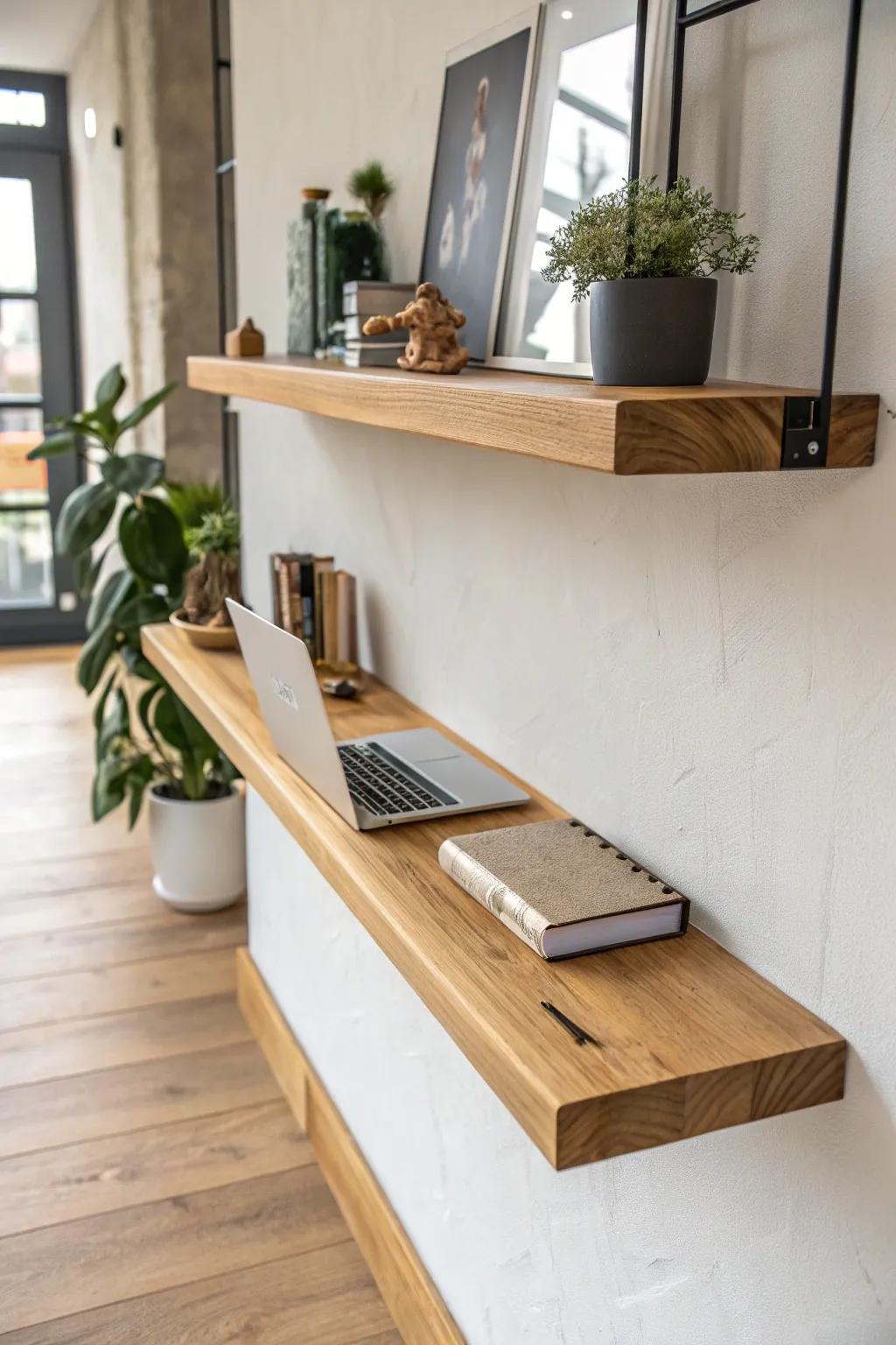 Sleek floating oak check-in shelf—warm, minimal, and perfect for quick standing guests.