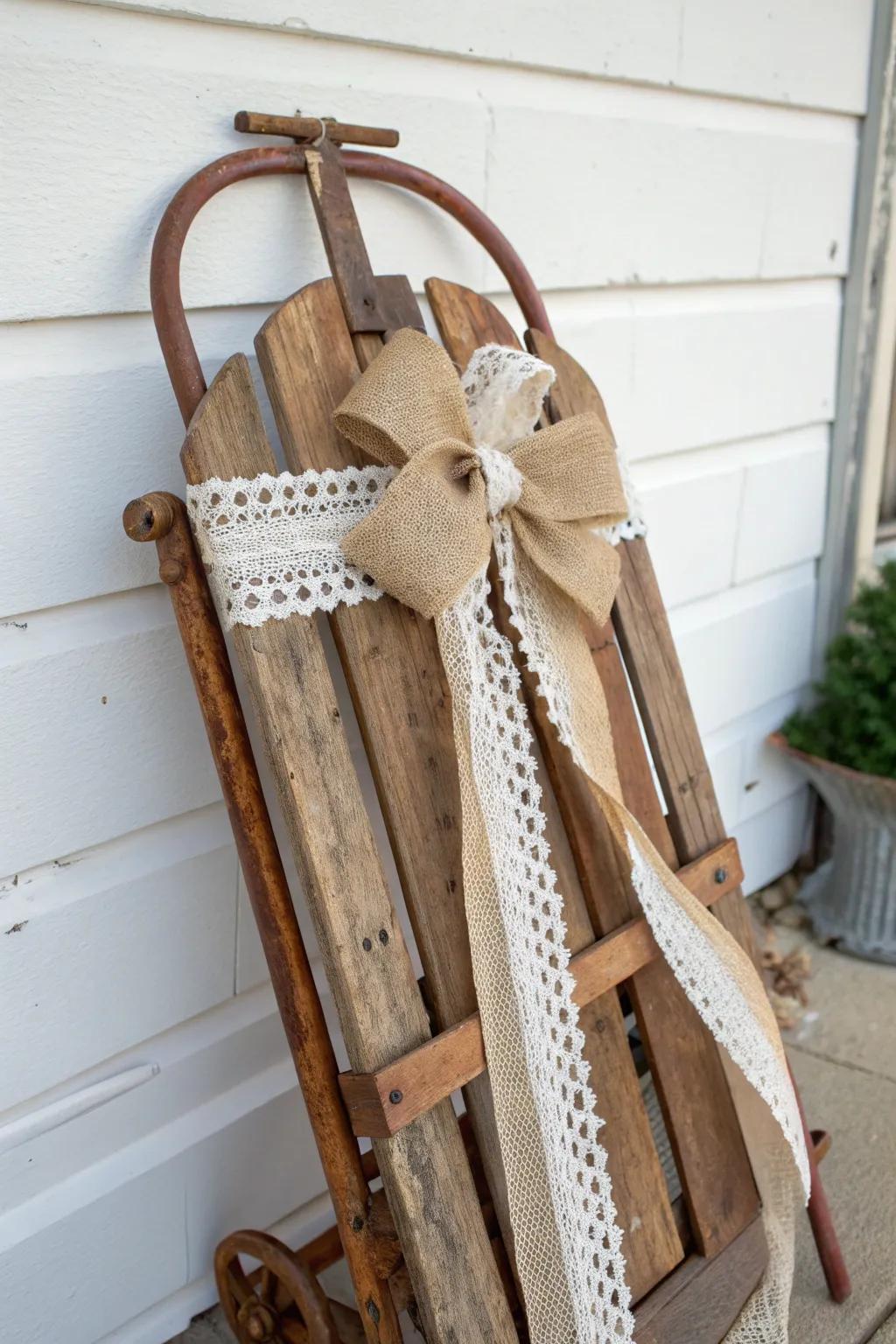 Burlap + lace layered bow on a vintage sled—simple, cozy farmhouse charm with crisp contrast.