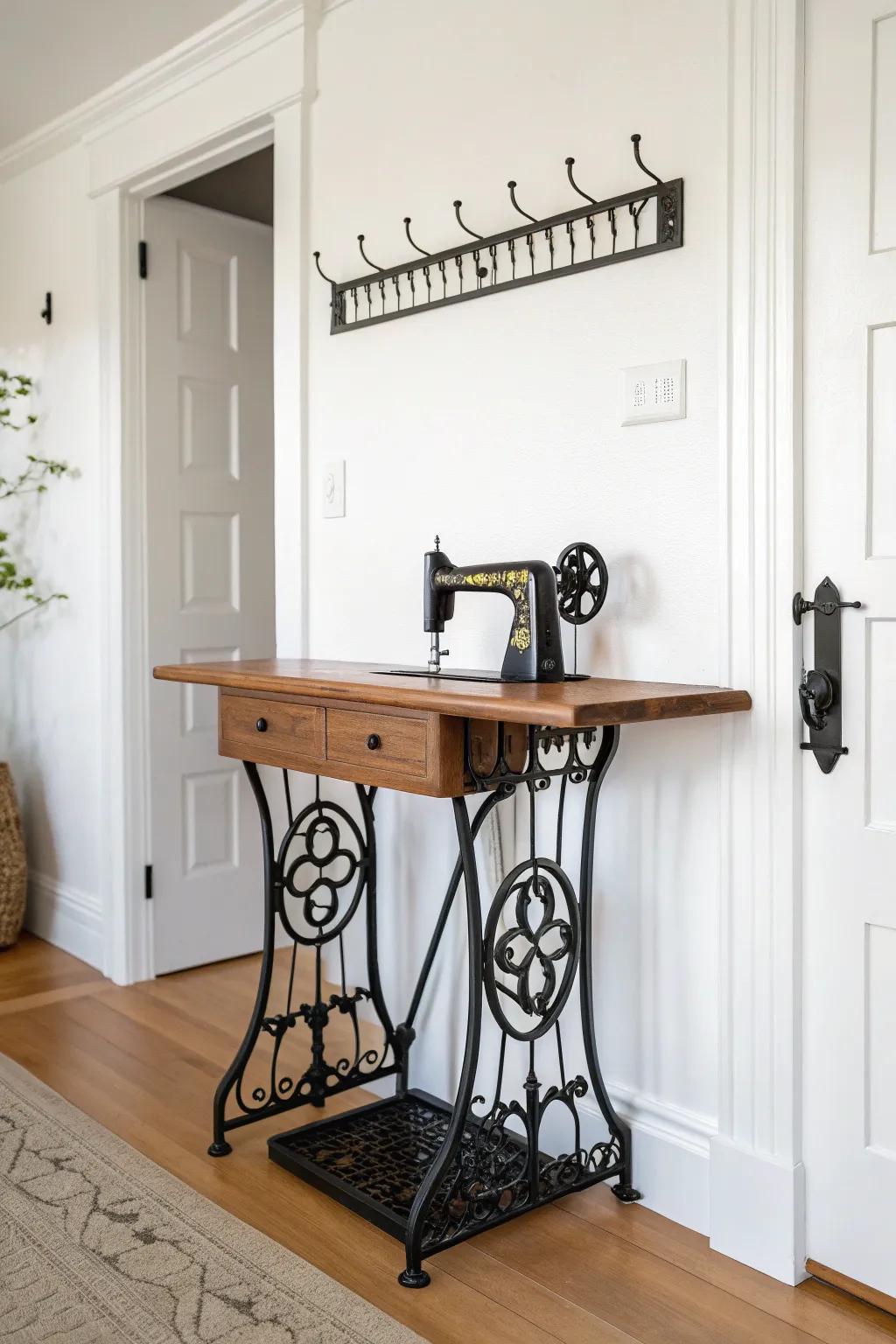 A vintage sewing machine table becomes a minimalist hallway drop zone—hooks above, drawers below.