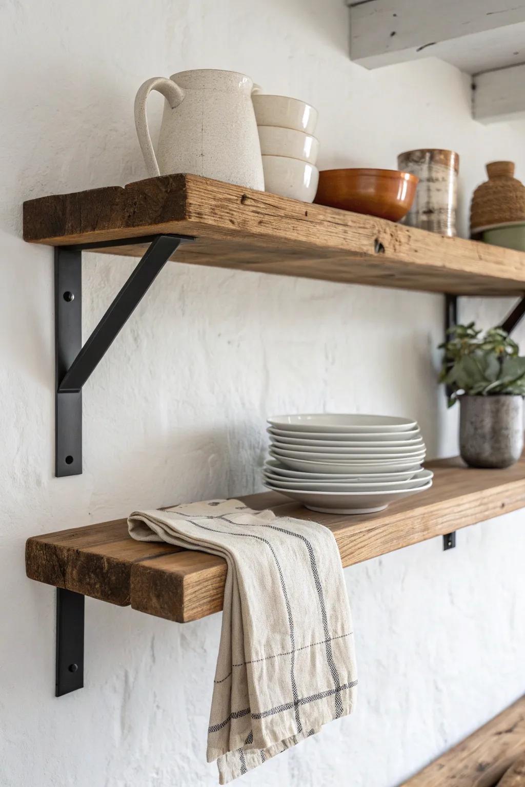 Industrial open shelving: thick wood and matte-black brackets for bold, minimal kitchen style.
