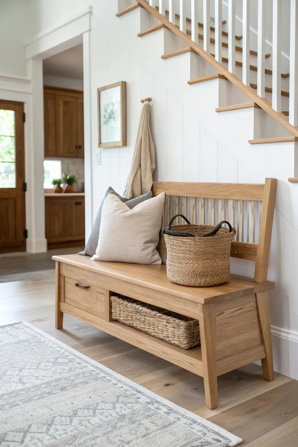 A built-in oak bench by the stairs defines the dining zone—and hides bonus storage.