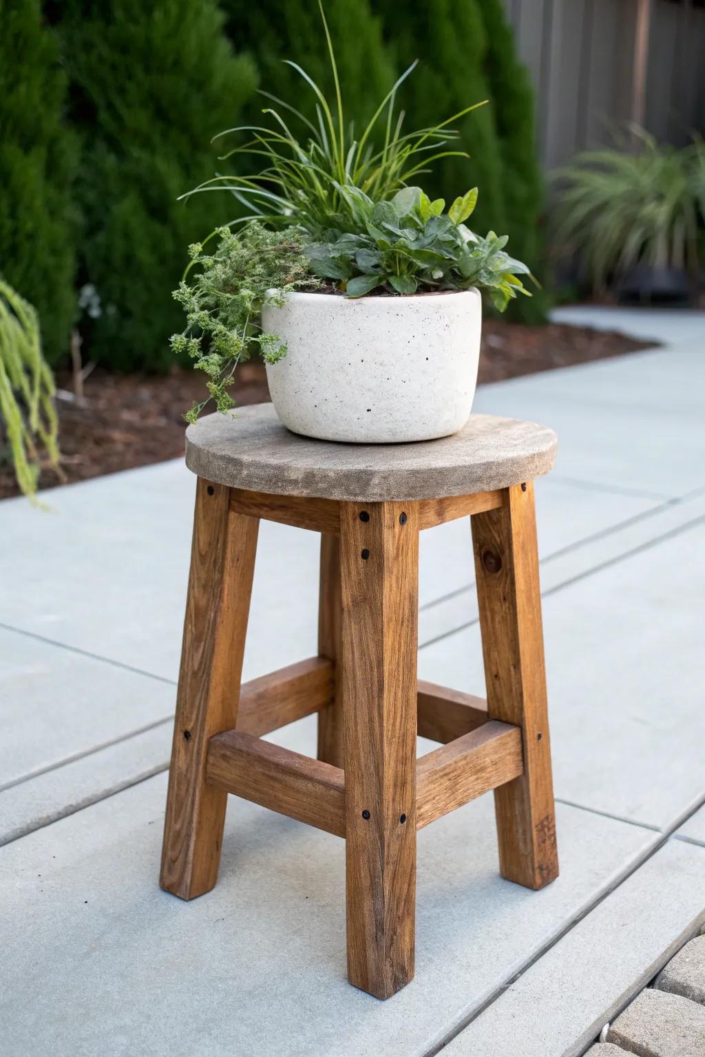 Upcycled stool plant stand: sanded smooth, sealed for weather, rustic charm for your patio.
