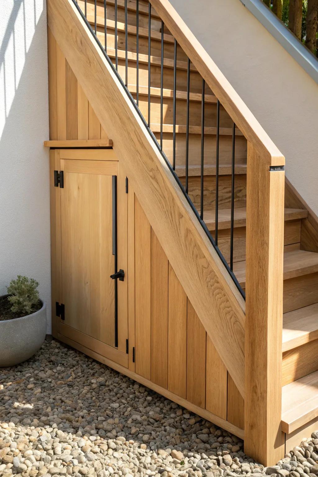 Sleek cedar under-stair cabinet—hidden storage for hoses and tools, keeping outdoor stairs serene.