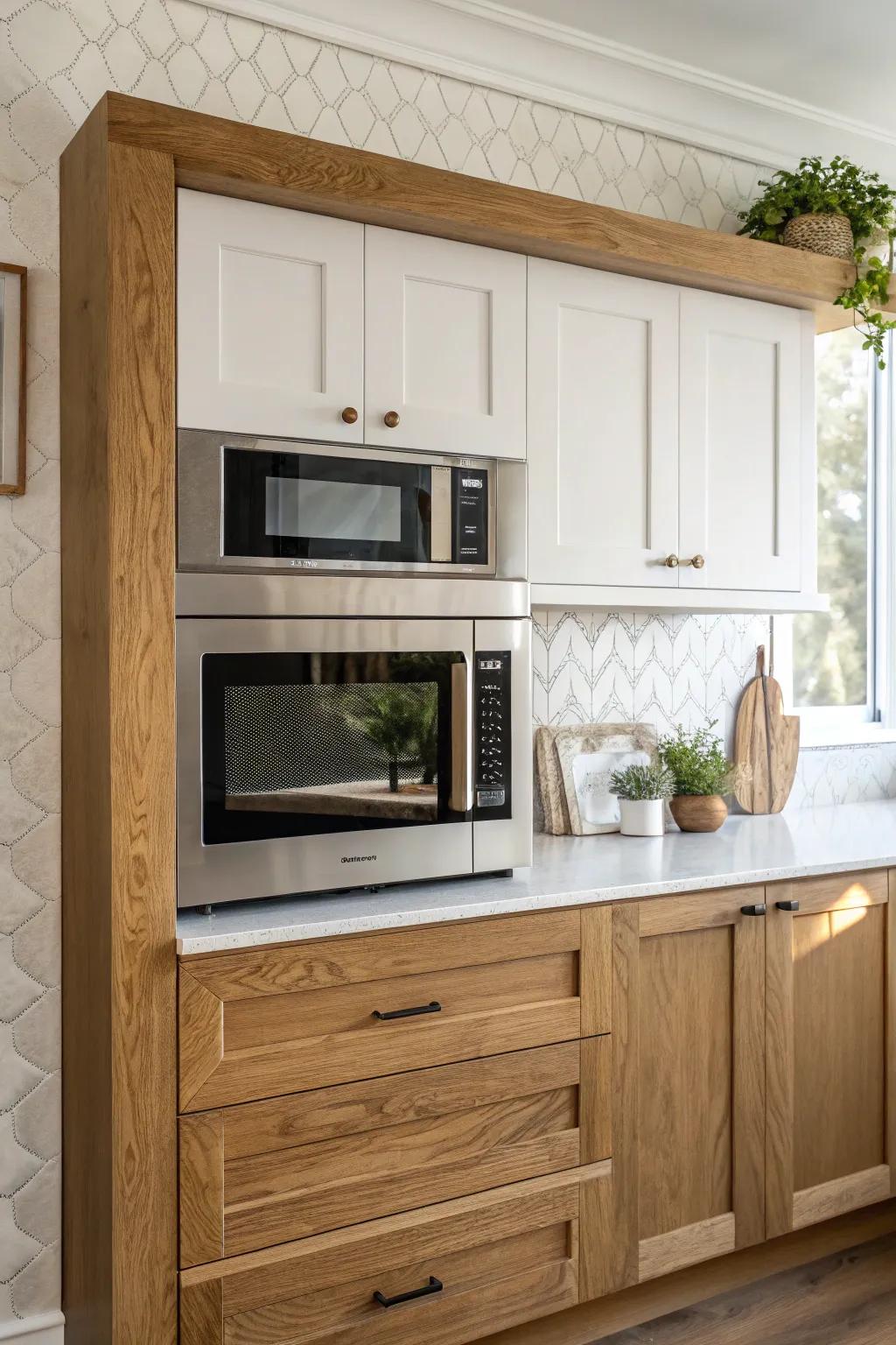 A natural oak surround turns the over-range microwave into a warm, designed focal point.