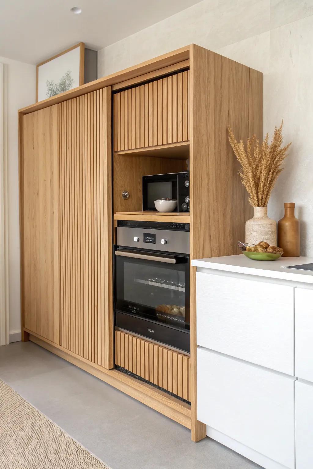 A sleek tambour cabinet door that rolls away to hide appliances—minimal, warm, and practical.
