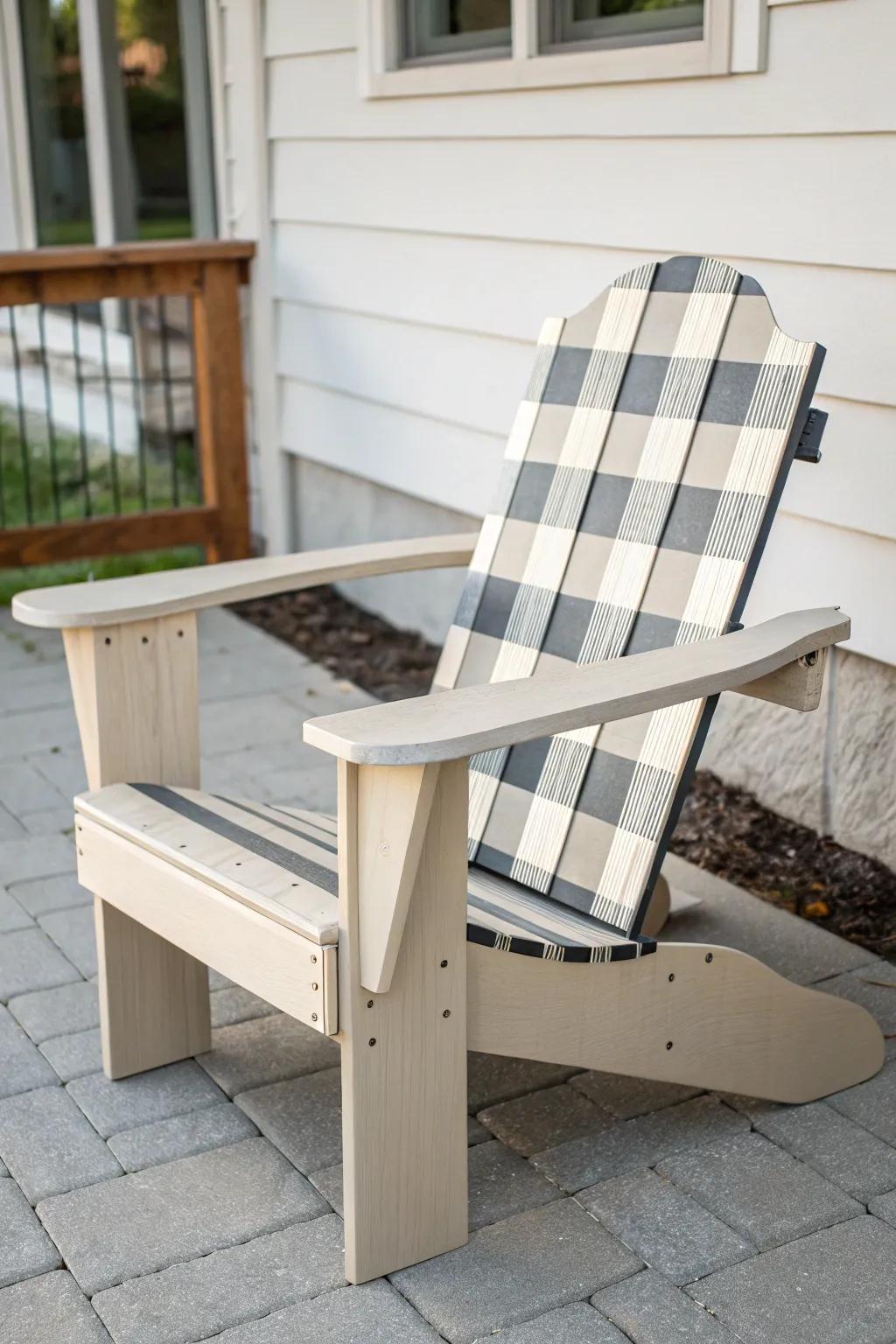 Buffalo check back panel adds cozy cabin charm—bold contrast on a clean, minimalist chair.