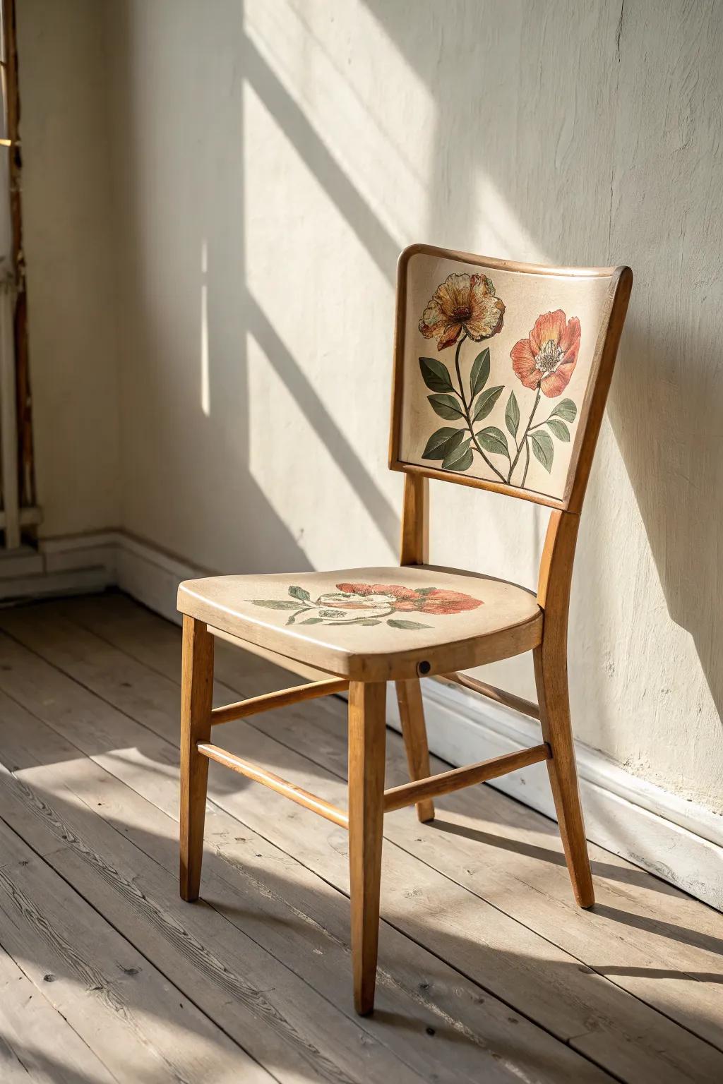 Chunky hand-painted florals transform a vintage chair into cozy Scandinavian-boho statement.
