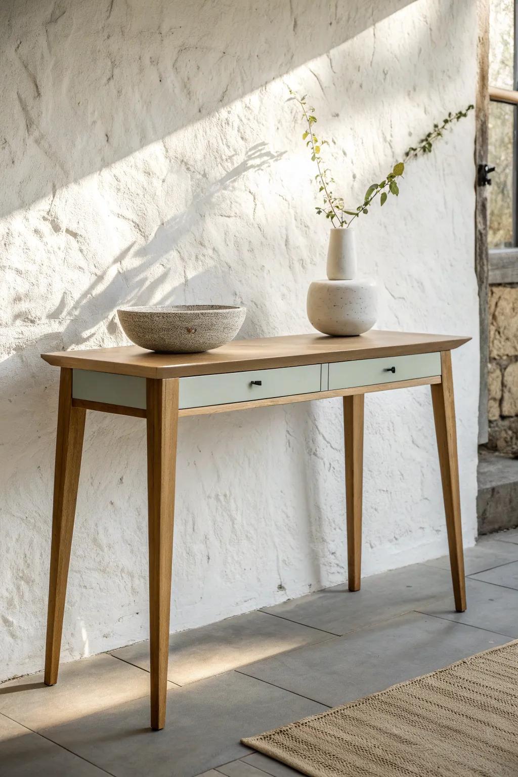 Modern color-blocked console table: greige legs, sage apron, and a sculptural bowl.