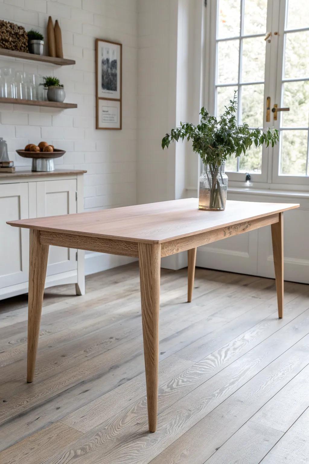 Dip-painted blush legs add a playful pop while keeping this oak dining table sleek and minimal.