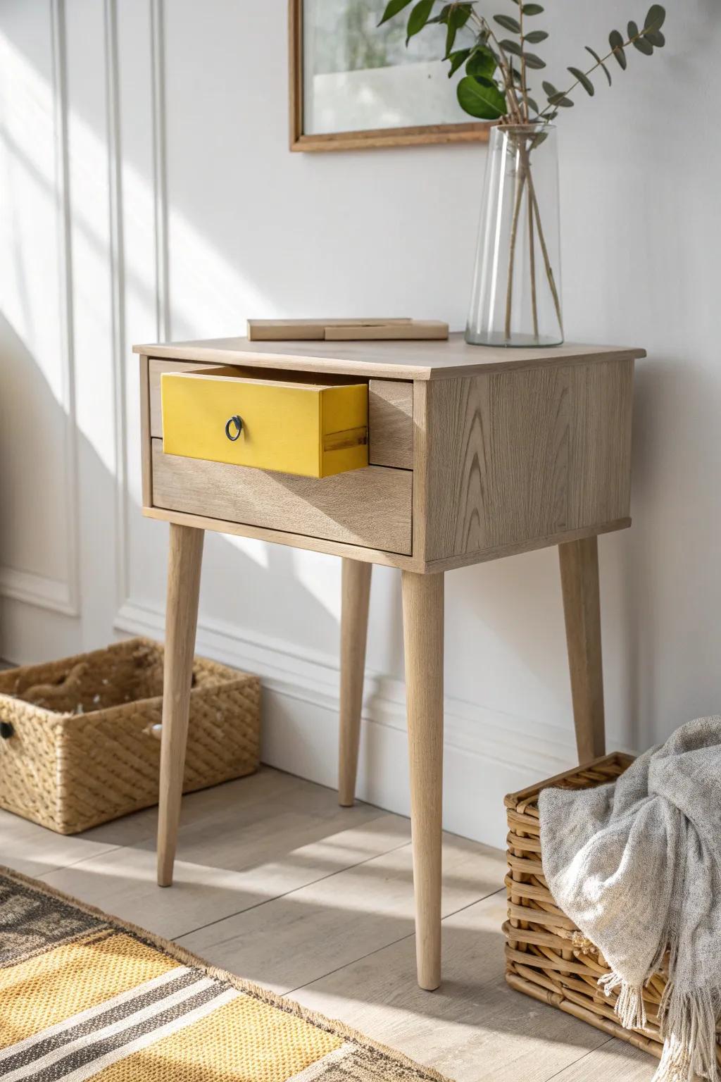 A calm greige end table with a sunny yellow drawer interior—your hidden pop of joy.