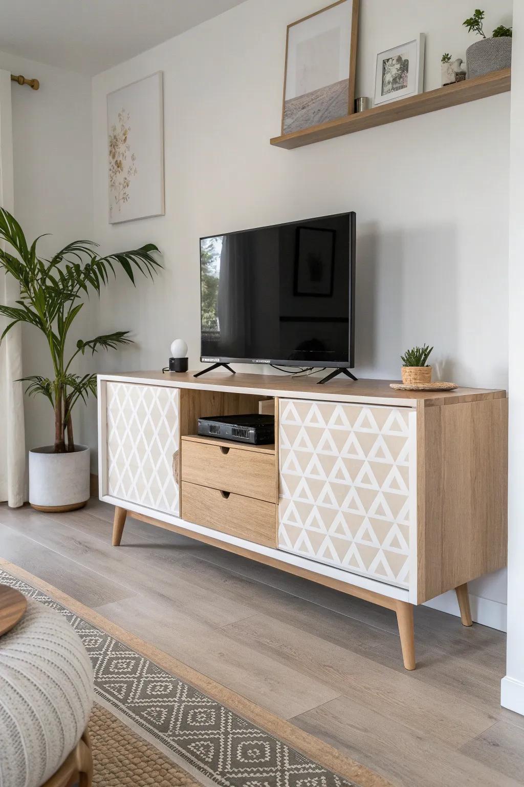Tone-on-tone geometric stencils turn plain side panels into a calm, custom entertainment center.