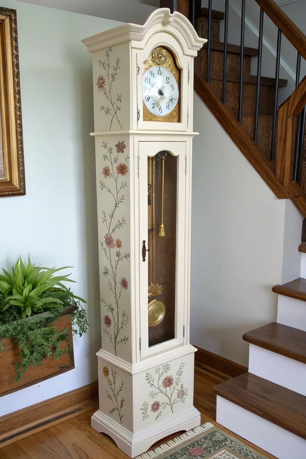 Tone-on-tone stenciling adds cottage charm to a painted grandfather clock—elegant and forgiving.
