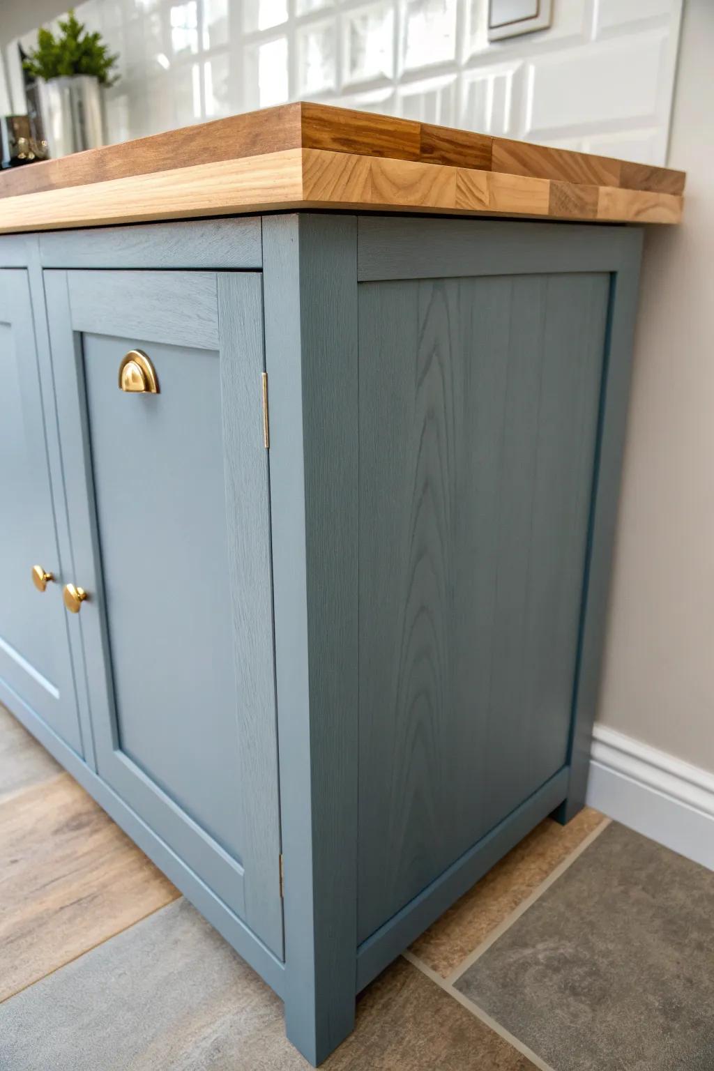 Cool-toned painted cabinets with a warm butcher-block top—minimal, cozy, and beautifully crafted.