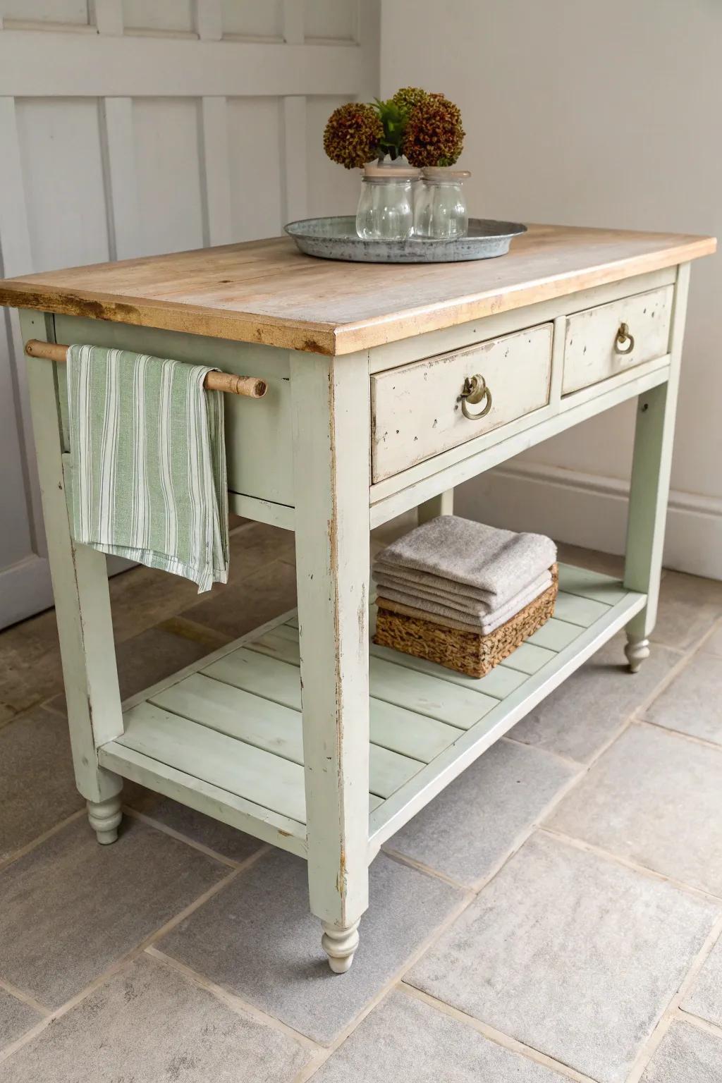 Softly distressed paint turns a kitchen island into a vintage, collected centerpiece.