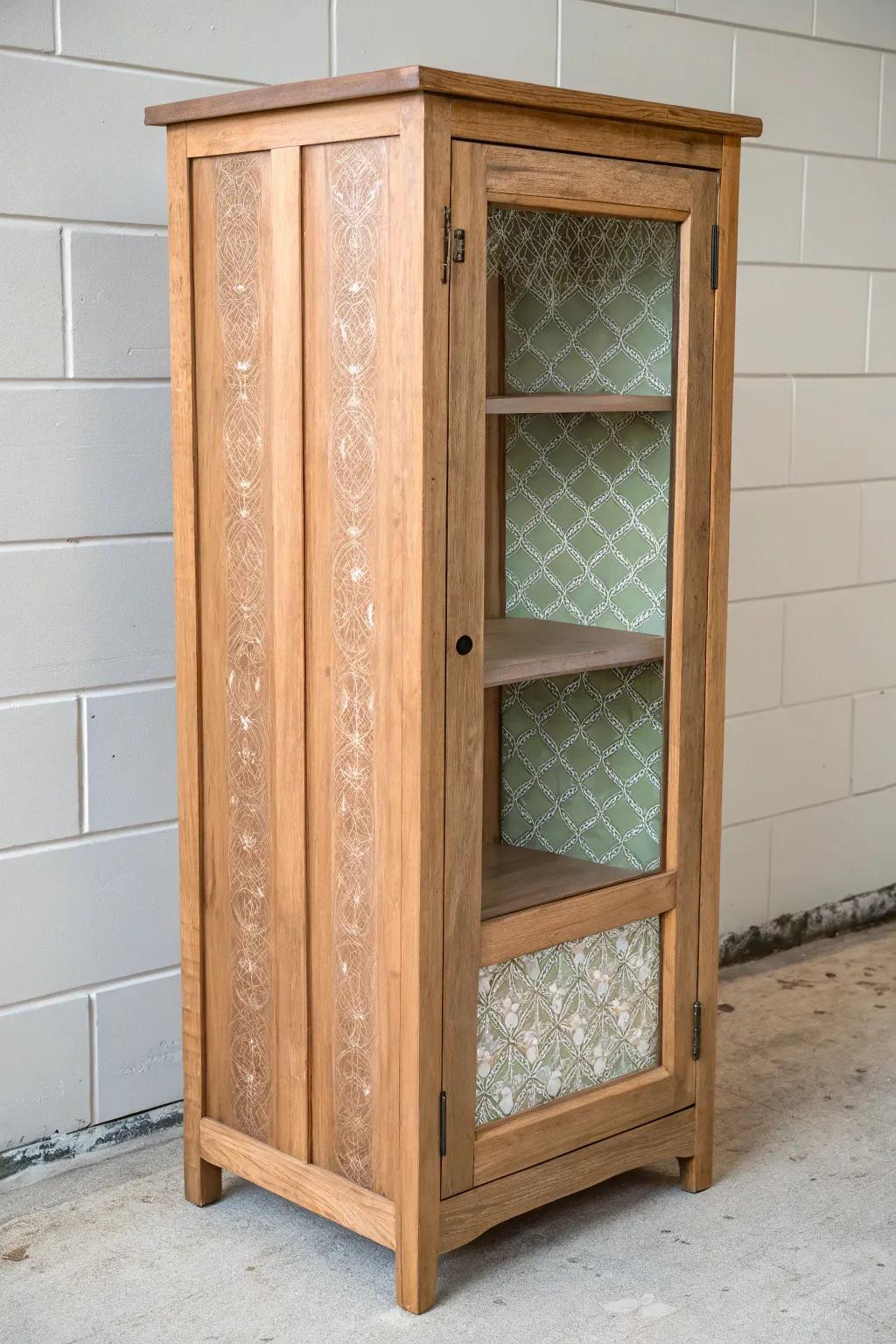 A thin painted border frames tin panels beautifully—easy pie safe detail with high-end charm.