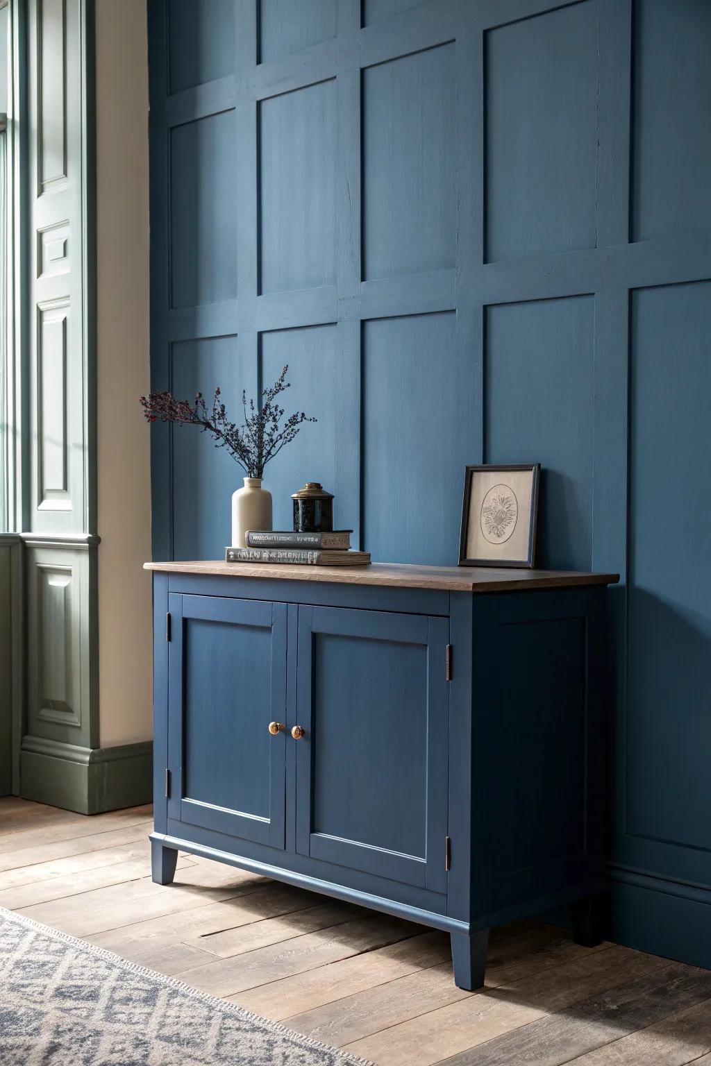 Moody navy, color-drenched wall + sideboard—minimal, bold, and instantly high-end.
