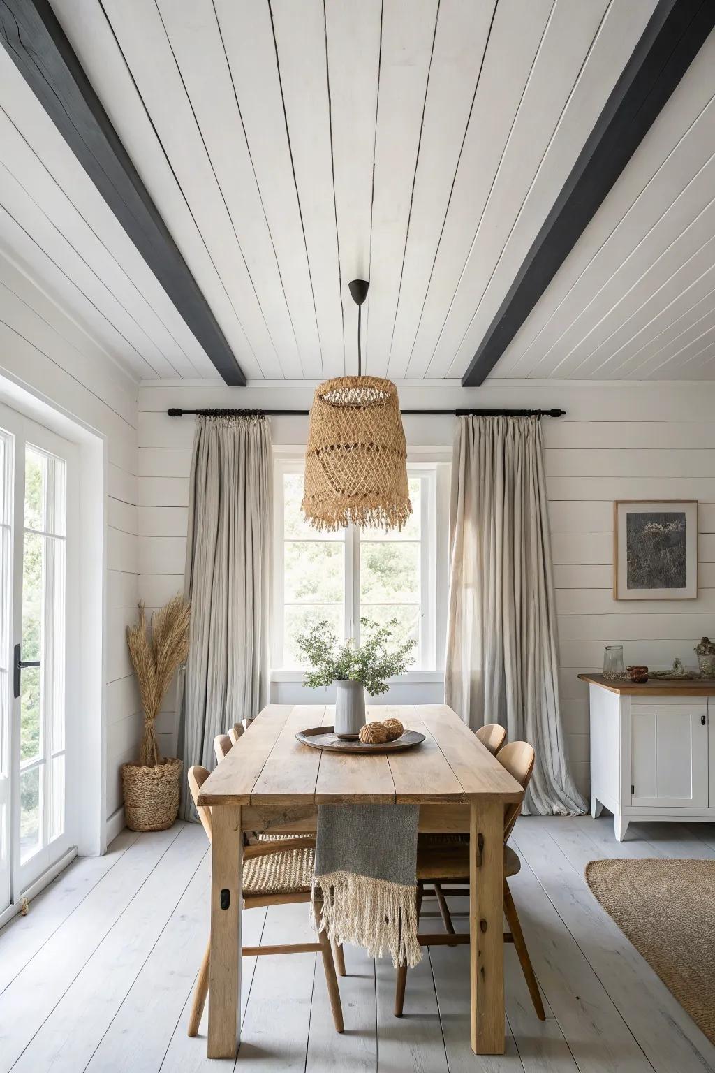 A light painted wood ceiling with a dark border frames the room like art—simple and chic.