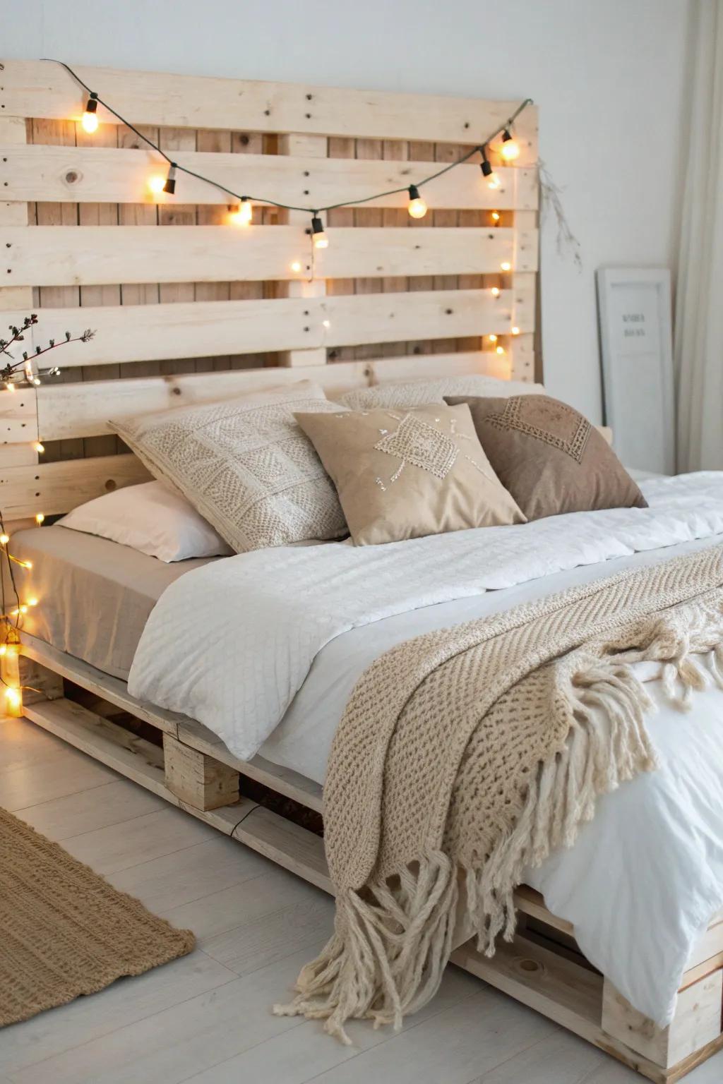 Cozy boho pallet bed idea: warm string lights behind the headboard for instant glow.