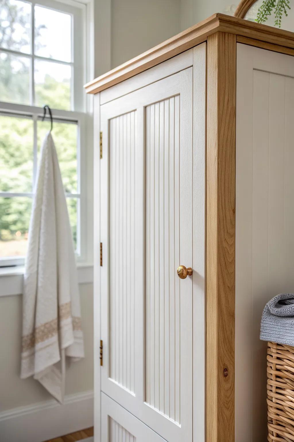 Beadboard + simple trim turns a basic pantry into custom built-in character—fast and cozy.