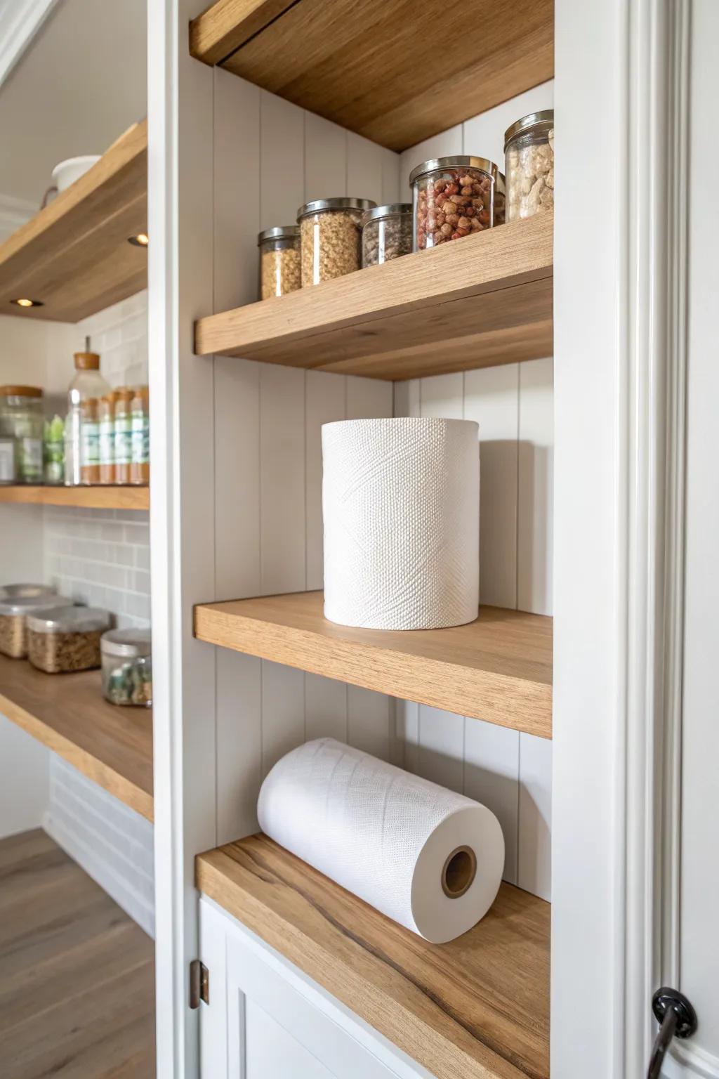 Leave 12–16 inches above a paper towel shelf so rolls stay fluffy and easy to grab.
