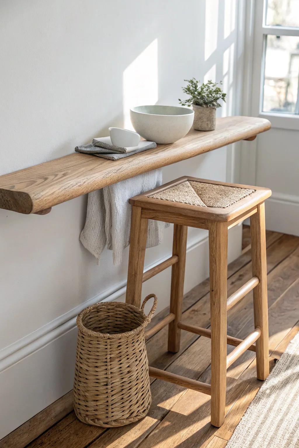 A slim bar-height wood rail + one rattan-seat stool—perfect for easy mingling and snacking.