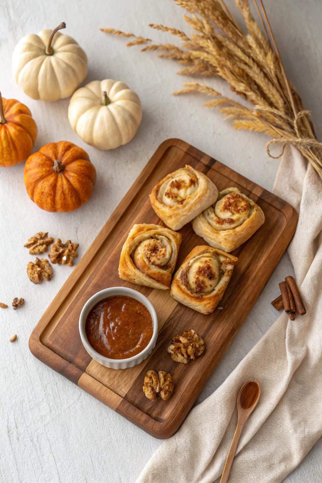 Cozy fall harvest pastry board: warm spiced treats, apples, and caramel dip on walnut.