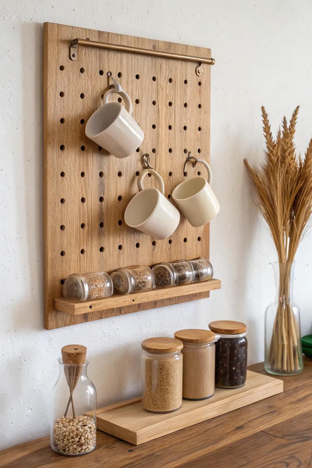Cozy café vibes: a wooden pegboard coffee bar for mugs, scoops, and tidy canisters.
