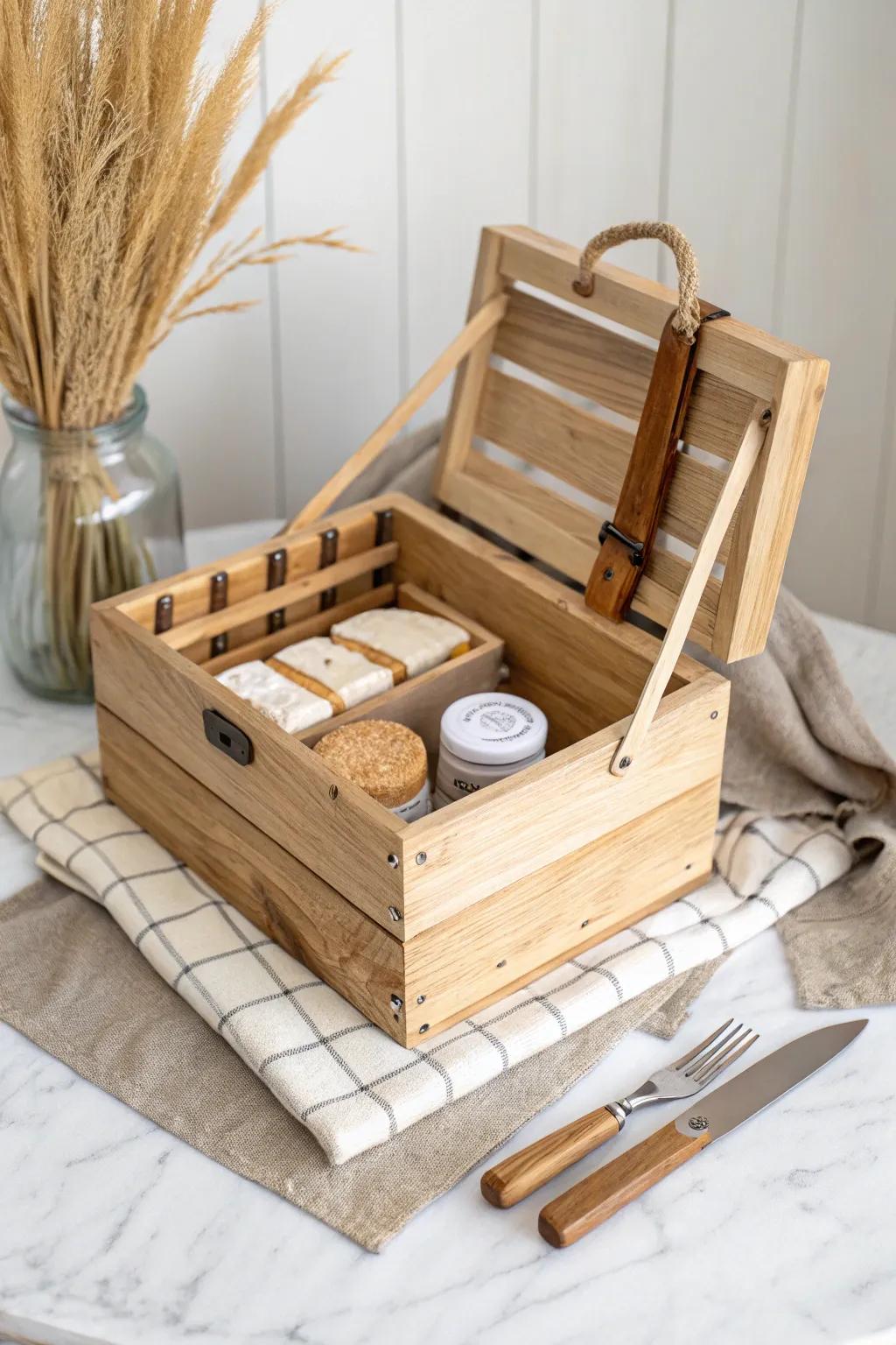 Stackable wood crate charcuterie kit—board on top, napkins below, ready to grab and go.