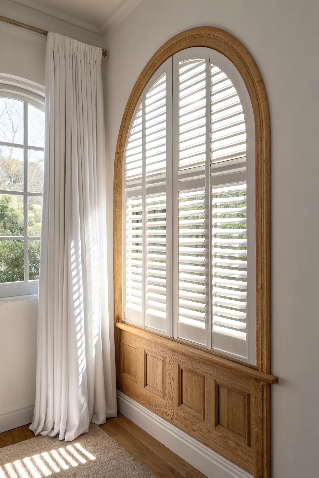 Arched plantation shutters that fit perfectly—Scandi minimalism with a soft boho warmth.