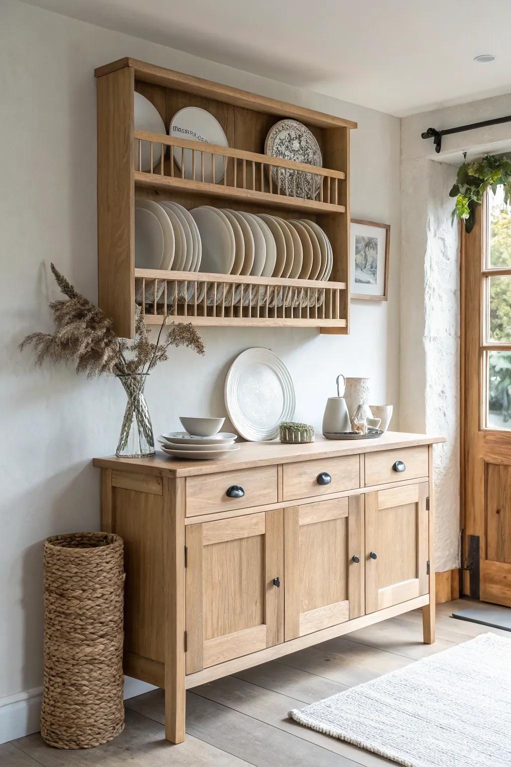 A plate rack above the sideboard—beautiful display and easy grab-and-serve storage.
