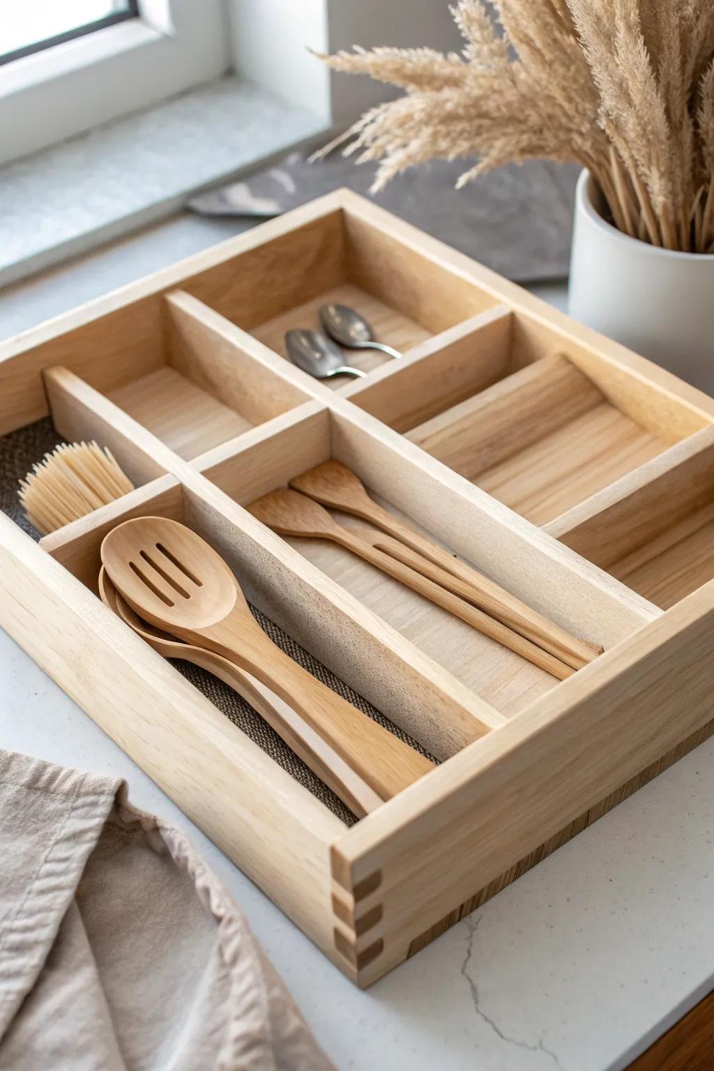 Instantly upgrade your kitchen with a sleek birch plywood drawer divider insert.