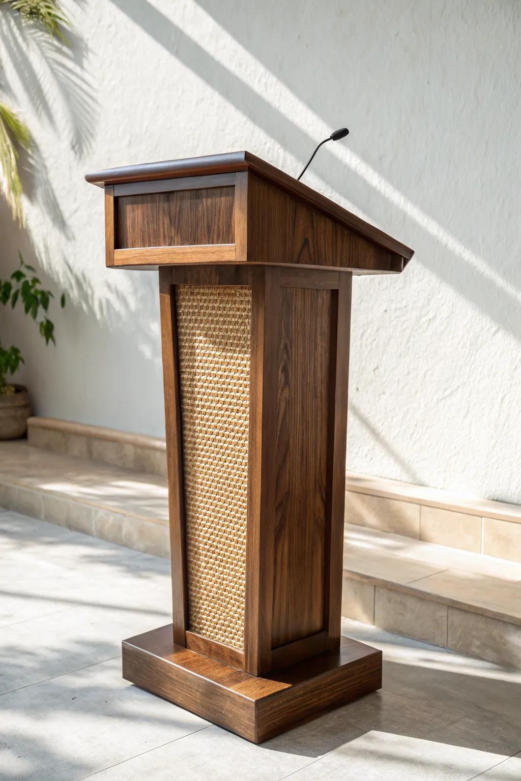 Dark-stained wood podium with airy cane webbing—modern farmhouse texture with a clean finish.