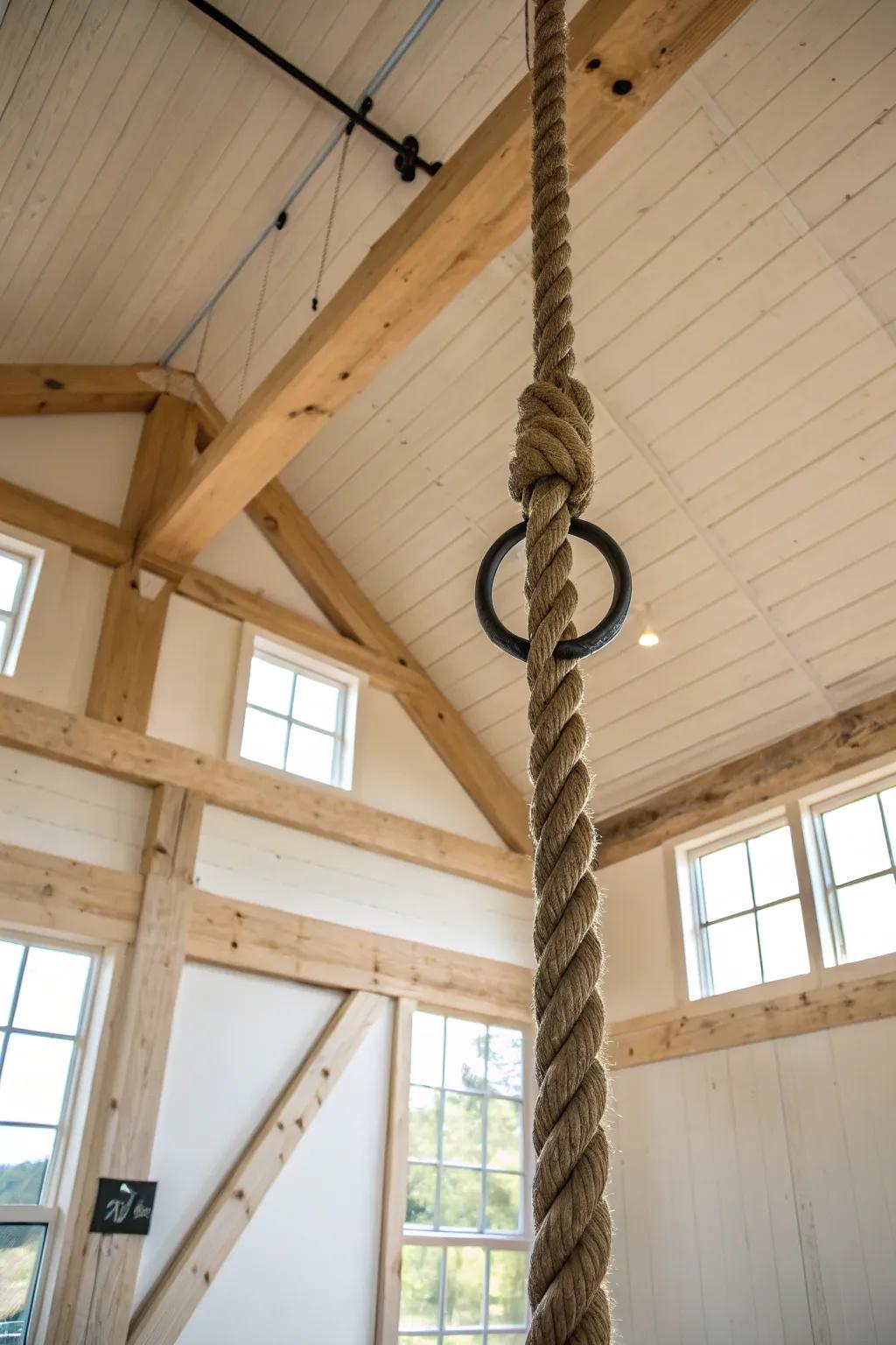 Turn tall pole barn ceilings into a training tool with a rope anchored to a reinforced beam.