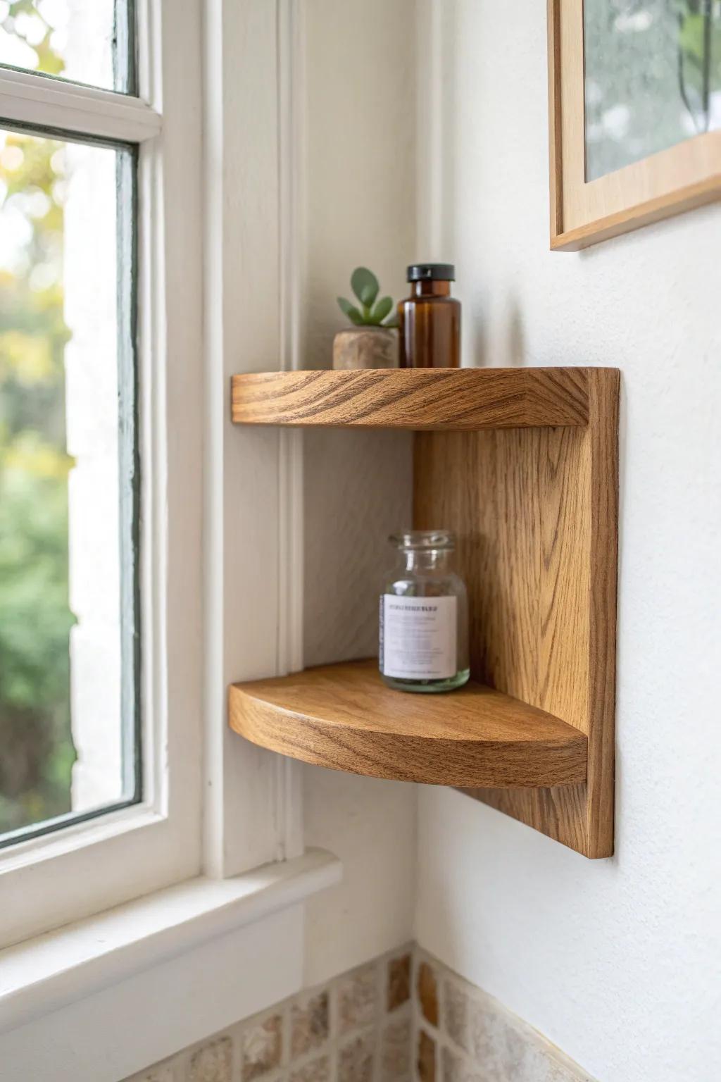 Turn dead corners into charm with a chunky oak corner shelf—pretty storage, zero clutter.