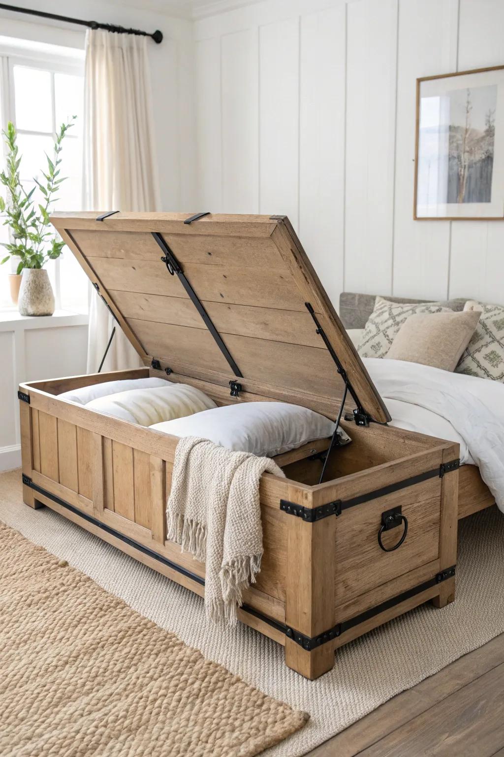 Trunk-style footboard chest: rustic storage for quilts with clean Scandinavian charm.