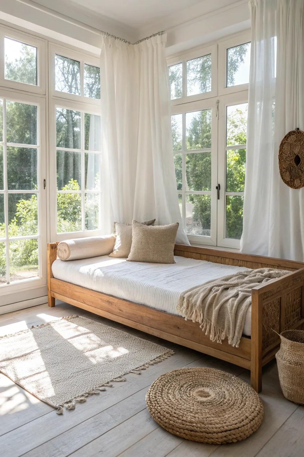 A queen daybed under sunlit windows turns your room into a serene, lounge‑worthy window seat.