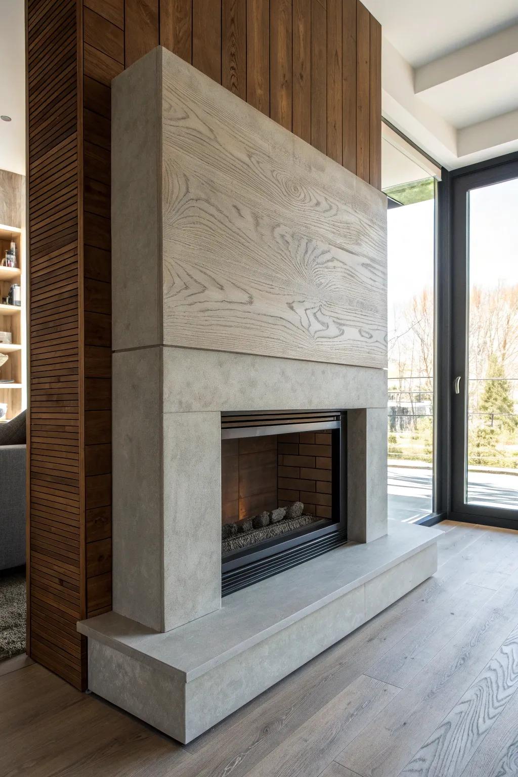 Hearthless raised fireplace with a warm concrete-look finish and subtle wood-grain texture.