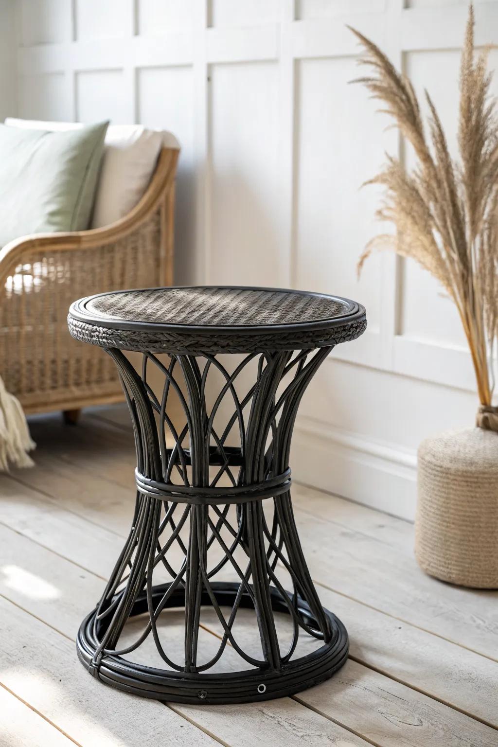 A black rattan side table adds crisp contrast while keeping your living room warm and airy.