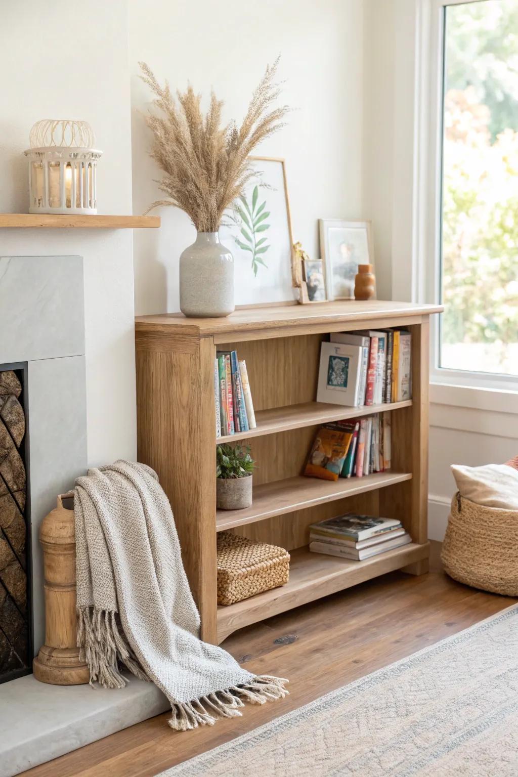 Cozy classroom “living room” vibe: a simple wood mantel shelf styled with soft boho layers.