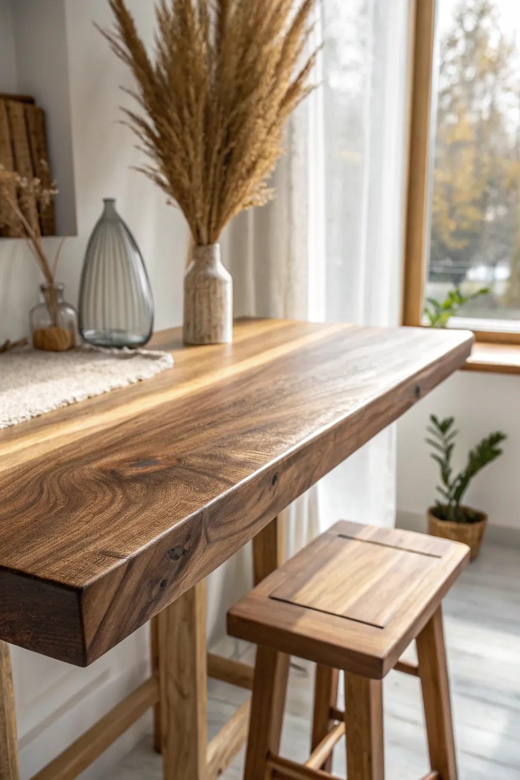 Glassy epoxy flood coat transforms warm wood into a wipe-clean, high-gloss bar top.