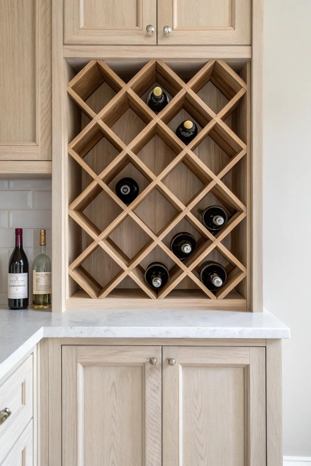 Built-in wood wine grid in a recessed bar niche—clean lines, warm grain, custom look.