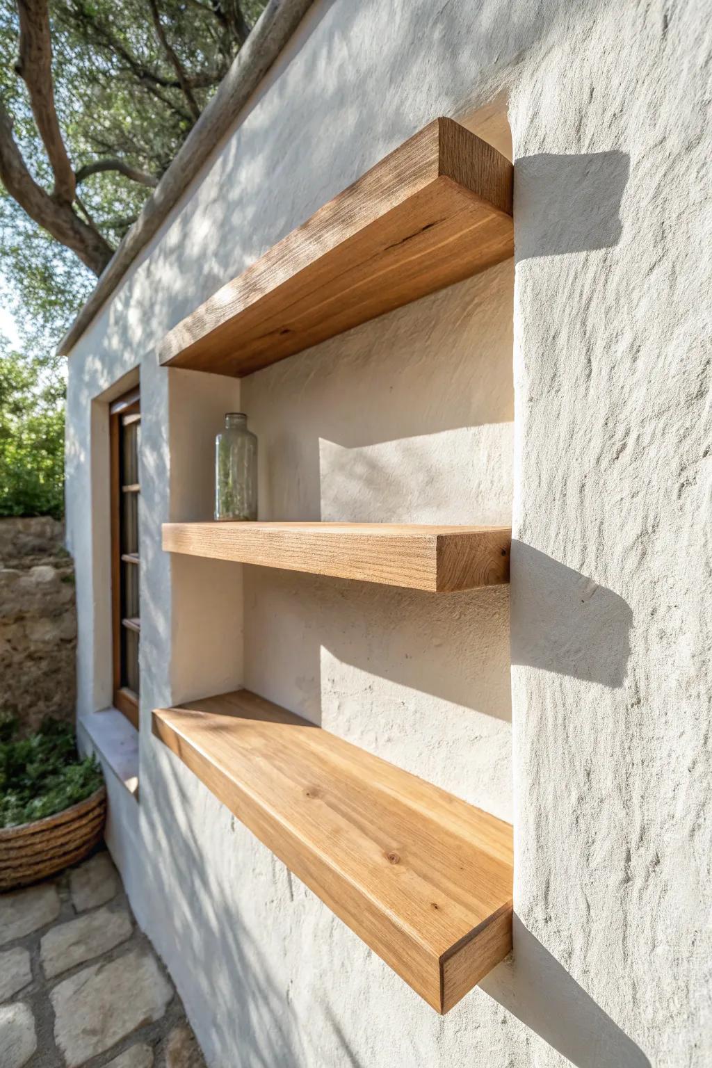 Floating oak slabs in a wall recess—bracket-free shelving that looks like it’s hovering.