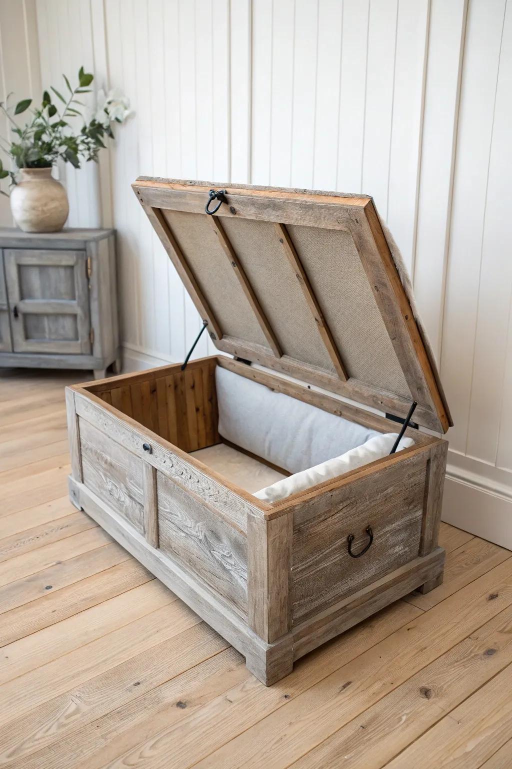 Reclaimed wood ottoman frame with lift-up lid—minimal, cozy storage with beautiful grain.