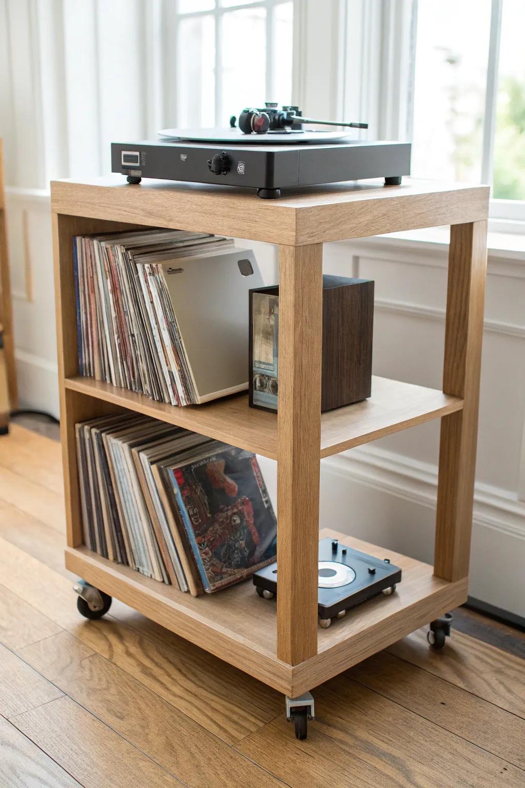 Light oak rolling cart stand with locking casters—party-ready, stable, and beautifully minimal.