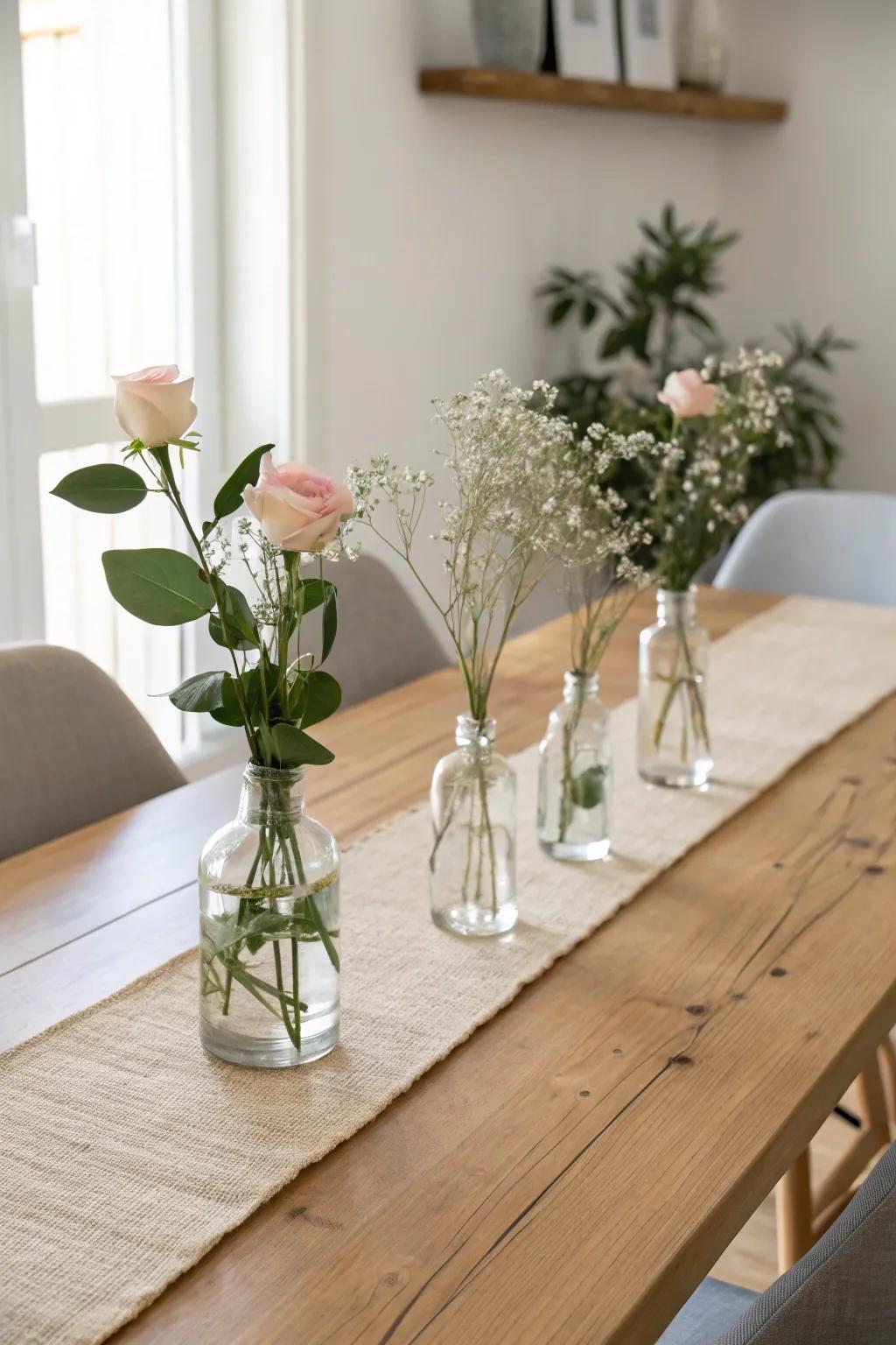 Mini bud vases in a straight line keep a rectangle dining table airy and conversation-friendly.